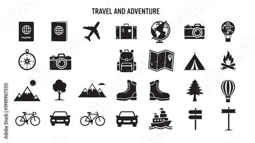 Icons representing various aspects of travel and adventure activities