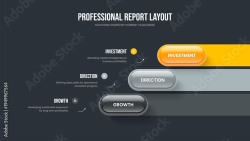 Service Launch Slideshow Layout Vector Illustration. Corporate Innovation 3 Step Infographic Presentation Design. Financial Overview Three Option Diagram Frame Template.