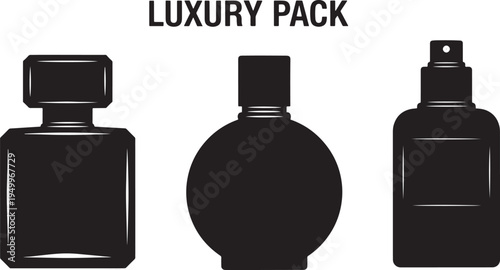 a set of three luxury perfume bottles in black silhouette on a white background, ideal for beauty, advertising, or packaging design