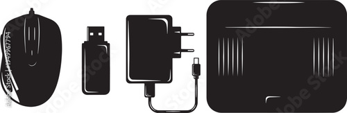 a set of wireless computer peripherals including a mouse, receiver, charger, and wireless mouse pad on a white background, technology and office supplies concept