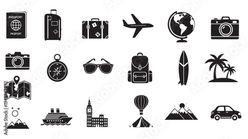 Collection of travel and adventure icons representing various activities and items