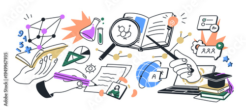 Education and learning concept. Knowledge, training, back to school. University book, laptop, chemical test, science and laboratory research. Flat vector illustration isolated on white background
