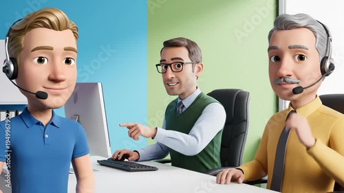 Three Cartoon Businessmen Wearing Headsets Working Together in an Office Environment