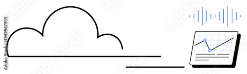 Cloud outline connected to a screen displaying a graph and soundwave visuals. Ideal for data storage, analytics, innovation, technology, connectivity, business intelligence, communication. Simple