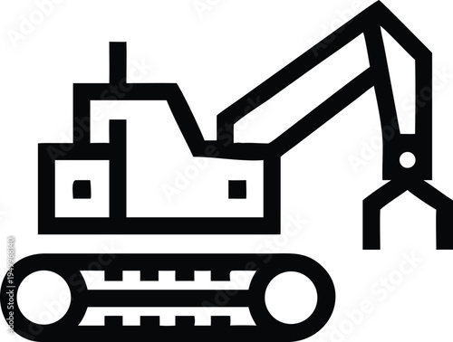A detailed outline icon of a tracked excavator equipped with a powerful claw for material handling