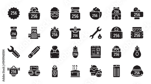 Collection of black and white icons representing various tools and survival items
