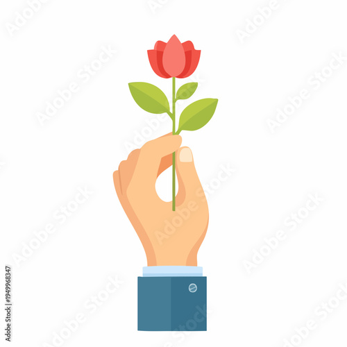Elegant Gesture: A hand gracefully presents a delicate red flower, symbolizing beauty and affection. This image captures the essence of a kind gesture.