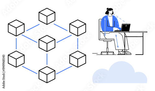 Blockchain technology. Blockchain showing digital block connection with cloud computing and worker using laptop. Blockchain for remote work, data security, networking, decentralization