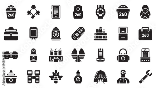 Collection of icons representing various tools, objects, and activities in a minimalist style