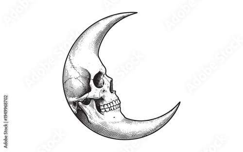 human skull merged with a crescent moon