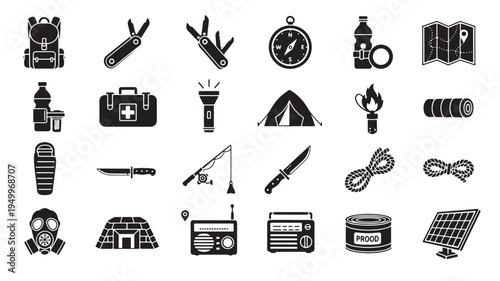 collection of survival and camping gear flat design vector illustration