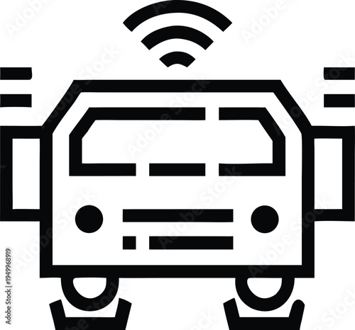 A self driving car icon showing a front view with wireless communication signals
