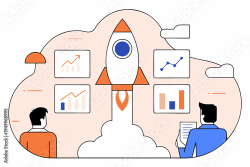 Business strategy team launching successful startup with data analysis and growth charts on screens around them
