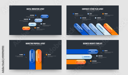 Sales Visualization 4 5 2 3 Element Diagram Presentation Design Set. Investor Performance Four Five Two Three Option Infographic Slide Template Vector Illustration Collection.