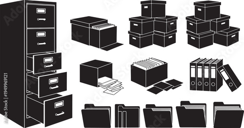 A collection of black file boxes and folders arranged on a white background, ideal for office organization and storage concepts in business, education, or home settings.
