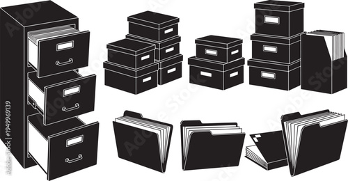 A set of black filing cabinets, drawers, and binders arranged on a white background, representing office organization and storage solutions for business and professional use.