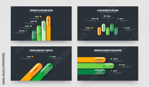 Financial Review Four Five Two Three Option Diagram Slideshow Layout Vector Illustration Set. Advertising Profile 4 5 2 3 Element Infographic Slide Template Collection.