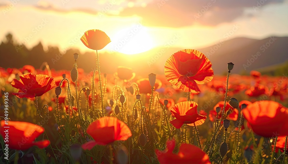 Fototapeta premium Field of red flowers glows with sunlight as the sun sets over distant hills