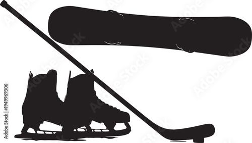 A silhouette of ice hockey skates and a hockey stick on ice, representing winter sports and athletic equipment.