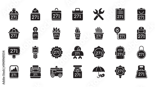 Collection of black and white icons depicting various tools and equipment symbols