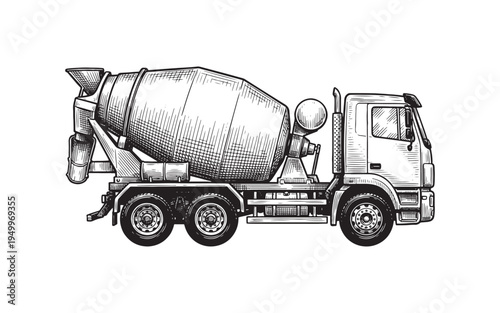 Industrial concrete mixer truck for construction site vintage sketch illustration