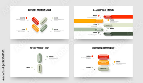 Enterprise Analysis Four Five Two Three Option Diagram Presentation Design Vector Illustration Set. Project Briefing 4 5 2 3 Element Infographic Slide Layout Collection.