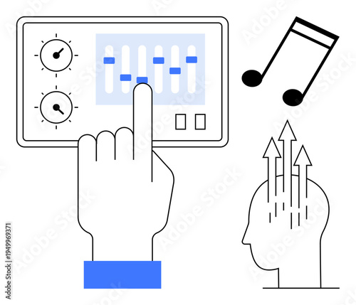 Audio concept. Audio is central to music creation and innovative thinking. Audio control interface, music note, and human inspiration icon. For sound design, creativity, music apps, innovation