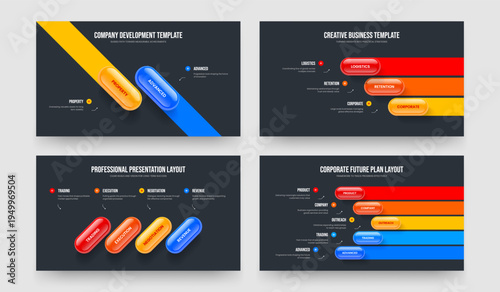 Service Visualization 2 3 4 5 Element Infographic Slideshow Template Bundle. Creative Introduction Two Three Four Five Option Diagram Presentation Design Vector Illustration Set.