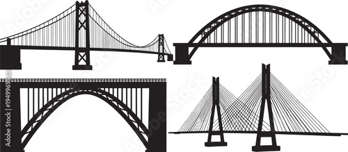 This image features three distinct bridge types: a suspension bridge, an arch bridge, and a truss bridge, all in silhouette against a white background, useful for engineering, architecture.