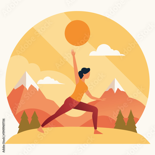 illustration of a yogi performing sun salutation pose facing a rising sun over mountains.
