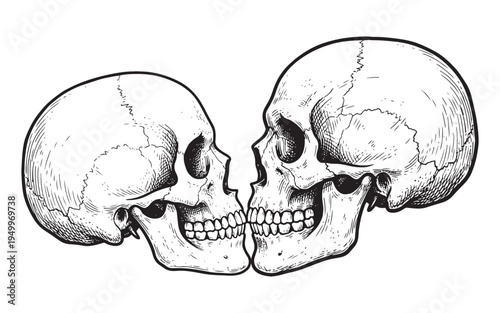 Two human skulls kissing facing each other in profile vintage sketch illustration