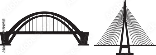 different types of bridges, suspension, arch, and truss bridge silhouettes.