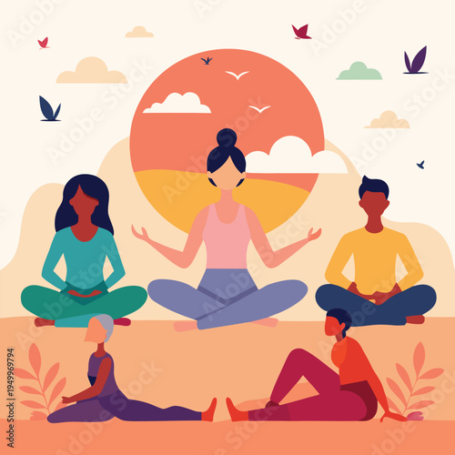 illustration of diverse people practicing yoga poses together in a park during sunrise.