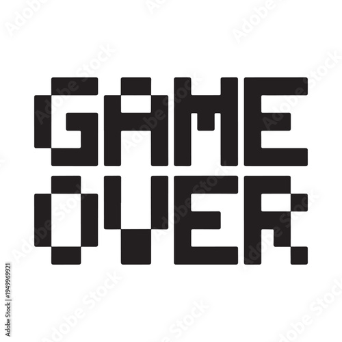 Pixelated game over text in bold black on a clean white background