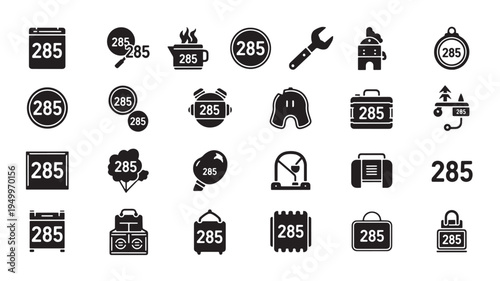 Collection of diverse icons featuring various tools and objects with number 285