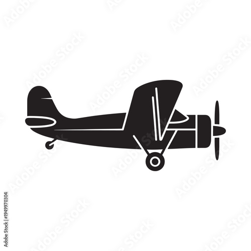 Simple black silhouette of a vintage biplane with a propeller