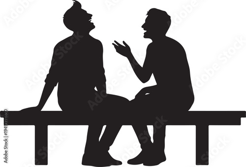 Two men sitting on bench talking to each other in silhouette