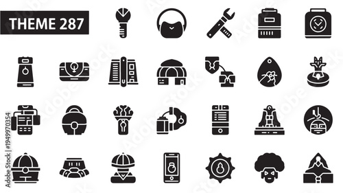 Diverse collection of black and white icons representing various tools and objects