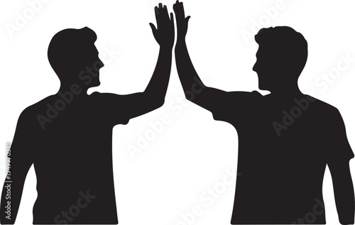 Two men giving high five with raised hands in silhouette