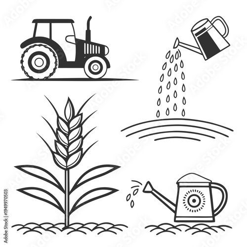 Farming icons: tractor, wheat, watering cans, field, watering can