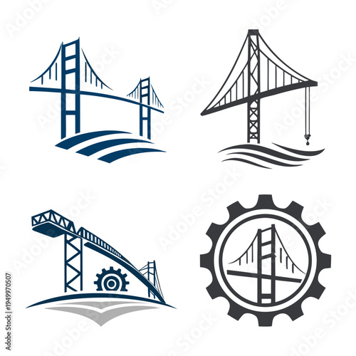 Bridge construction icons: suspension, cable-stayed, crane, gear