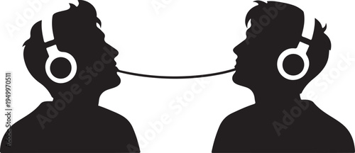 Two men wearing headsets talking to each other with a cord