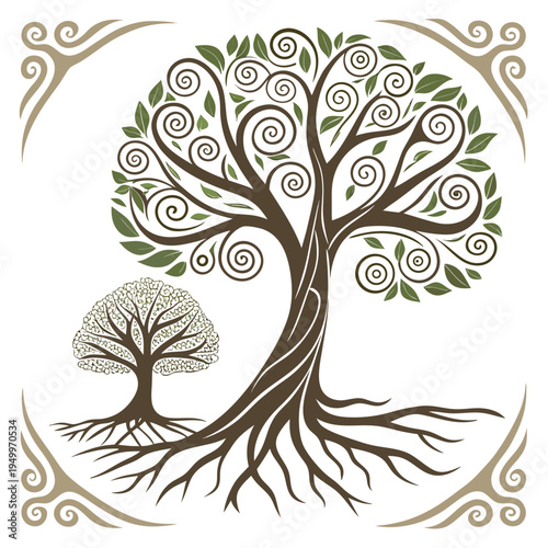 Decorative tree of life illustration with roots and swirls