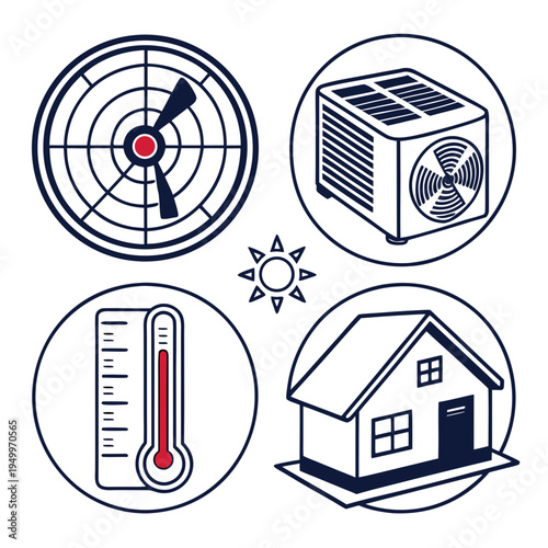 Home climate control icons: ac, thermometer, sun, radar, air conditioner