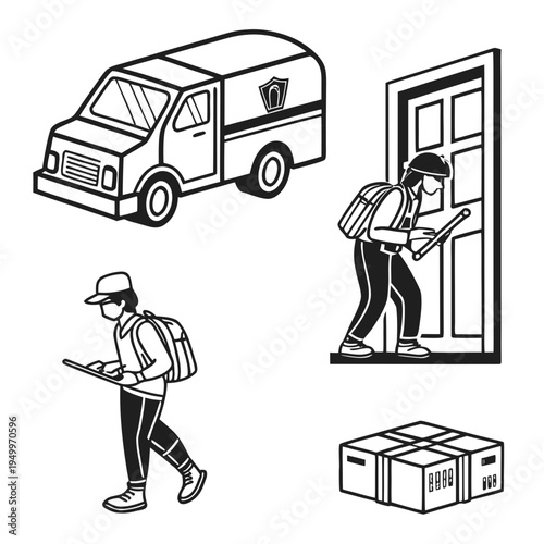 Delivery service icons: van, package, courier, door, online shopping