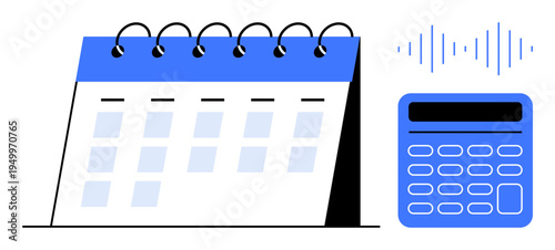 Scheduling, financial planning, time management, productivity, organization, budget tracking. A calendar with a spiral binding sits beside a calculator and soundwave symbol. Scheduling and financial
