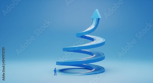 Blue Spiral Staircase Arrow Road with Small Man Figure, Representing Growth and Progress, 3D Render