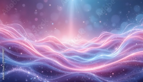 Abstract Futuristic Glowing Wave Background with Pink and Blue Light Particles – Digital Energy Flow, Neon Gradient Lines, Technology Data Stream, Fantasy Cosmic Landscape Background