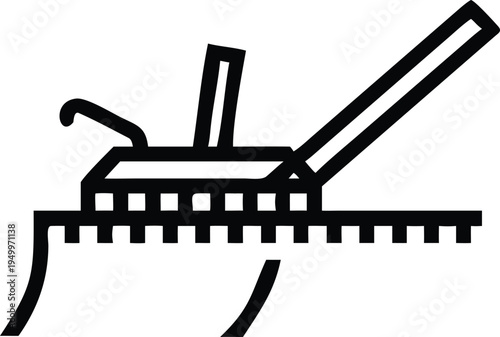 Black line drawing illustration of an electric hedge trimmer actively cutting a garden hedge or bush