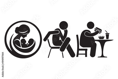 Set of 3 black vector icons depicting motherhood, thinking person, and an overweight person eating fast food, ideal for health, lifestyle, and social issues.